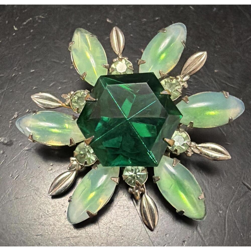 Vintage Green Rhinestone Flower Brooch Emerald Cut Center W/ Marquis + Round